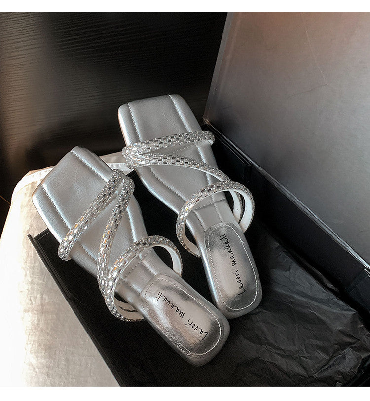 Karin Luna In Stock Spot Goods  Rhinestone One-Strap Irregular Heel Square-Toe Slippers