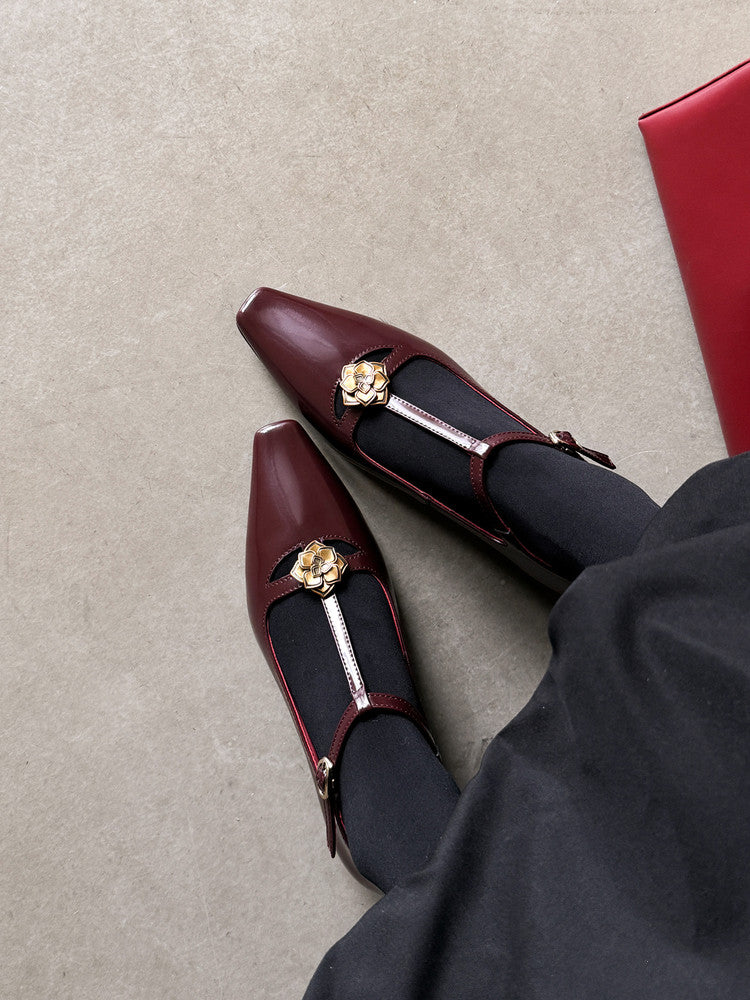 Karin Luna In Stock Spot Goods    Retro Classic Metal Camellia Irregular Heel Single Shoes