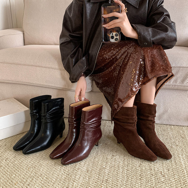 Karin Luna In Stock Spot Goods  Retro Wrinkled Small Square Toe Short Boots