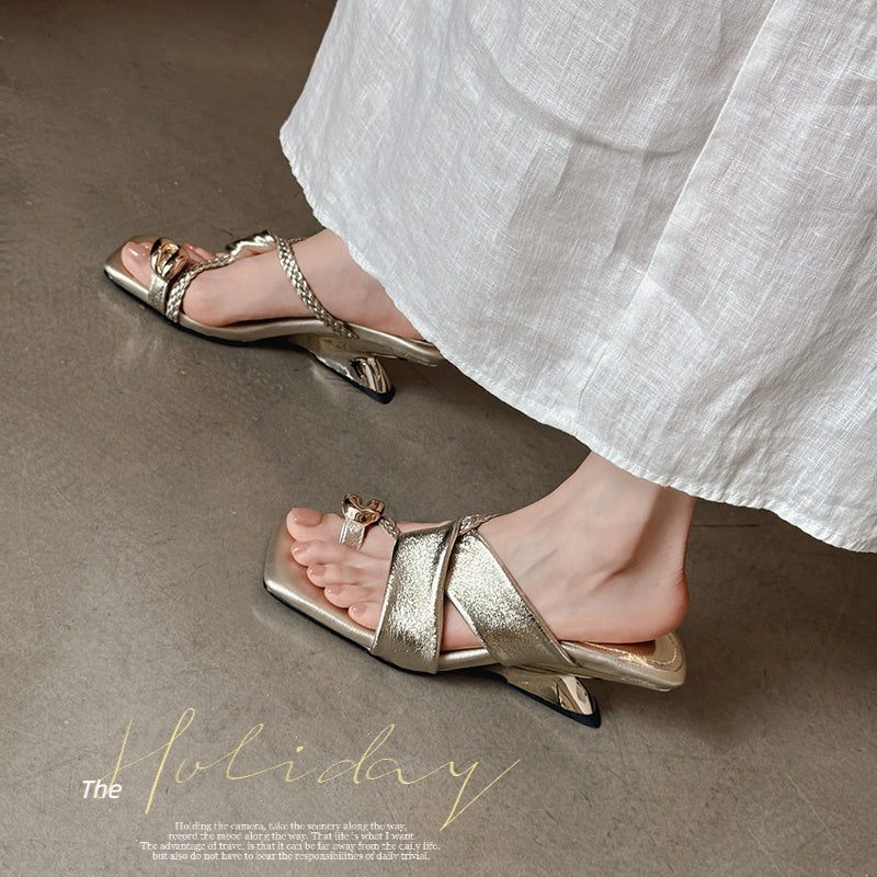Karin Luna Braided Style ~Cross Strap Square Toe Irregular Heel Slippers