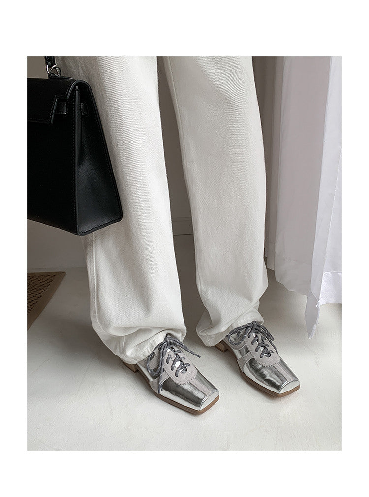 Karin Luna In Stock Spot Goods   Pig Nose Thin Strap Square Toe Patchwork Single Shoes