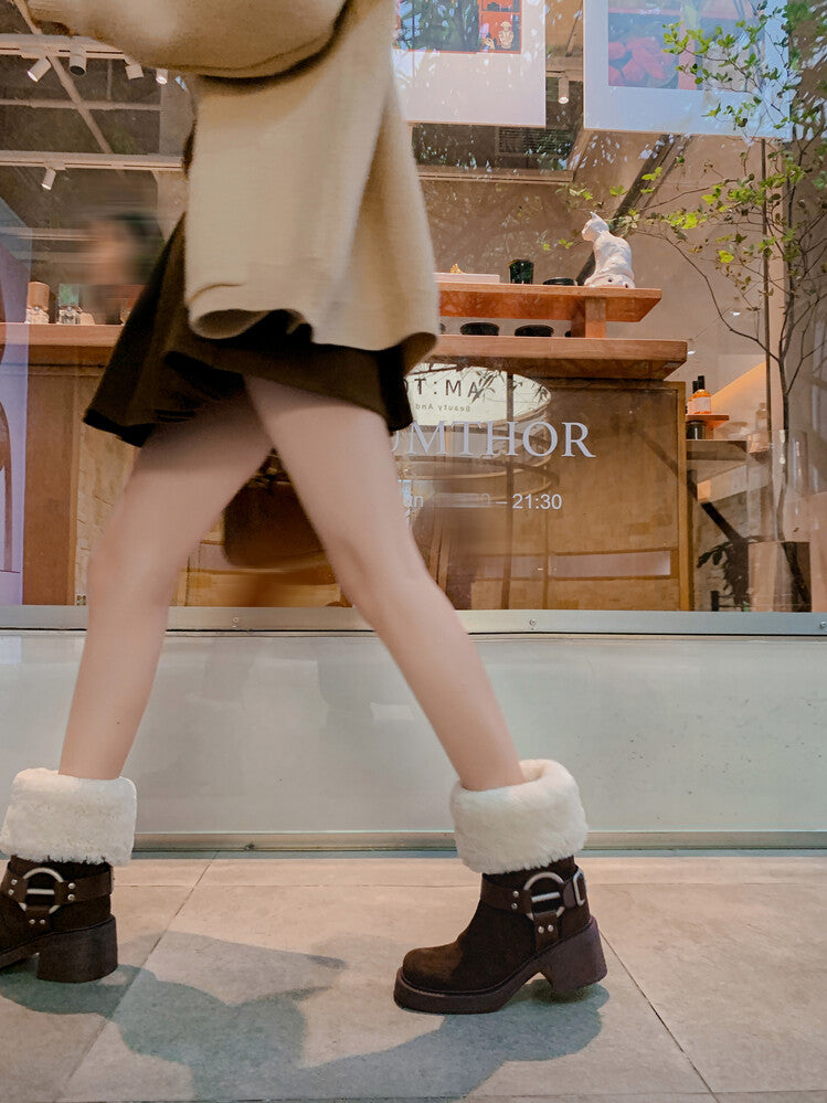 Karin Luna Genuine Lamb Wool and Cowhide Leather Hot-selling Metal Buckle Round Toe Chunky Heel Main Push Main Push