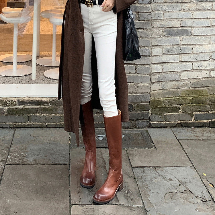 Karin Luna Basic Versatile Style Round Toe Chunky Heel Long Boots