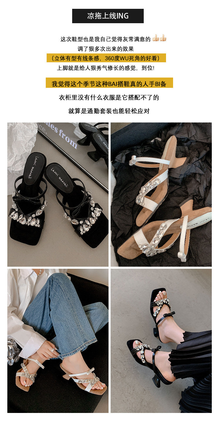 Karin Luna In Stock In Stock  Square Toe Rhinestone Bow Suede Slippers