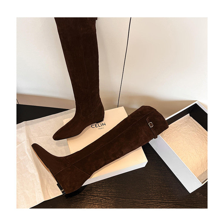 Karin Luna In Stock Spot Goods Vintage Cowhide Leather Two-Way Wear Pointed Toe Height-Increasing Long Boots