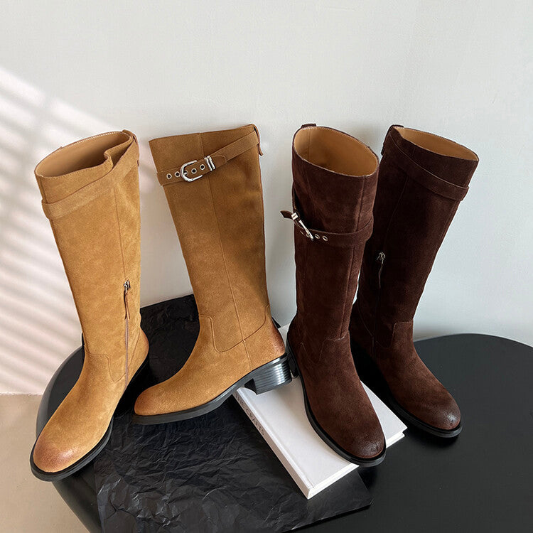 Karin Luna Chunky Heels Round Head Belt Buckle  Fashionable Suede Boots