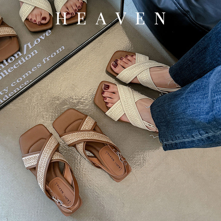 Karin Luna In Stock  Spot Goods Woven Style  Cross-strap Vacation Style Flat Sandals