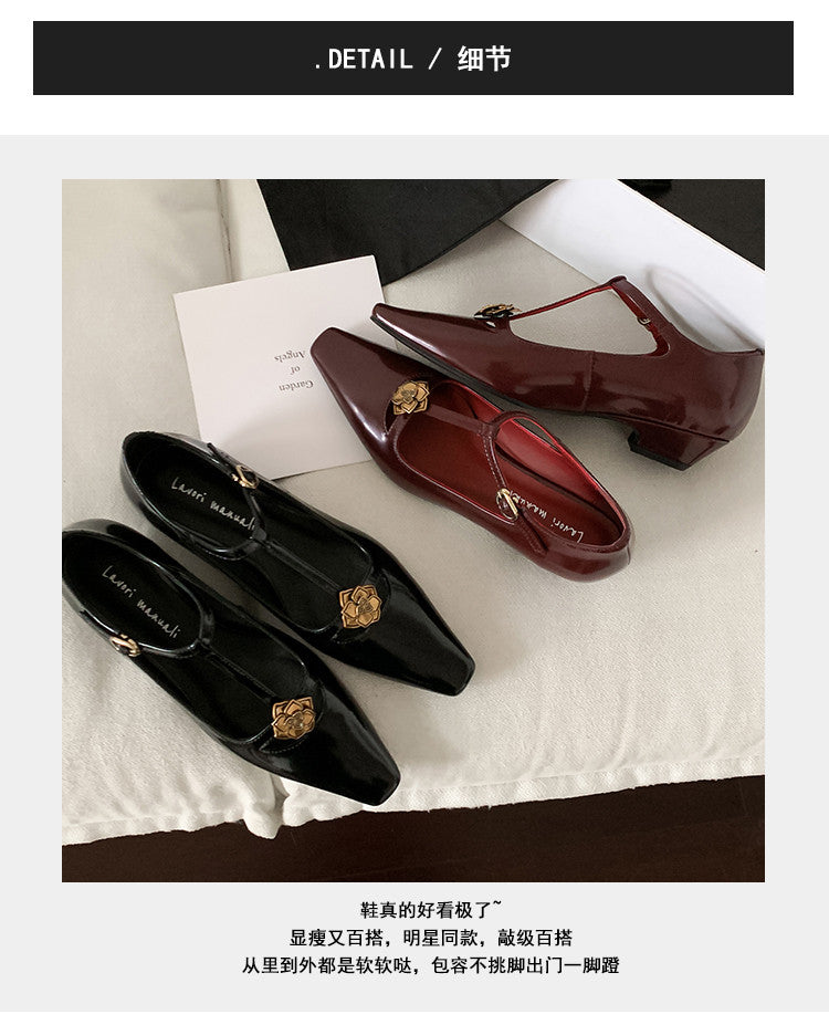 Karin Luna In Stock Spot Goods    Retro Classic Metal Camellia Irregular Heel Single Shoes