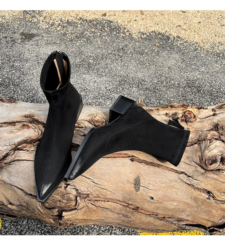 Karin Luna In Stock In Stock Elastic Slim Pointed Toe Chunky Heel Basic Ankle Boots