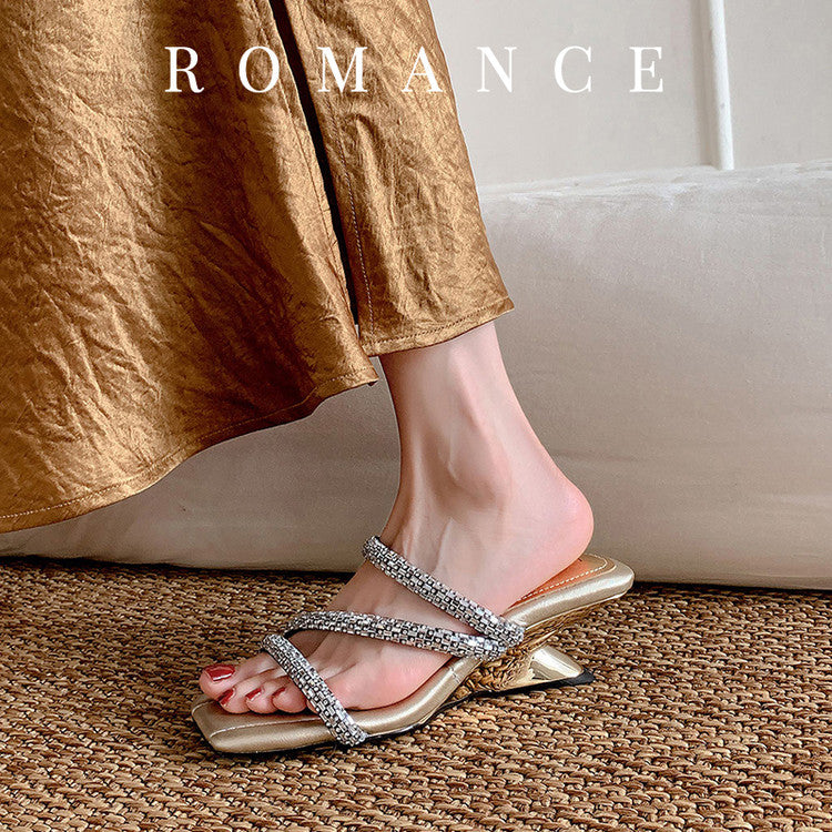 Karin Luna In Stock Spot Goods  Rhinestone One-Strap Irregular Heel Square-Toe Slippers