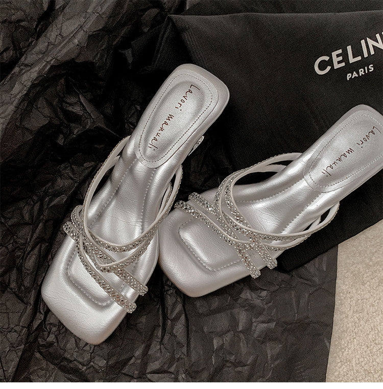 Karin Luna In Stock Spot Goods  Rhinestone Cross Strap Square Toe High Heel Slippers