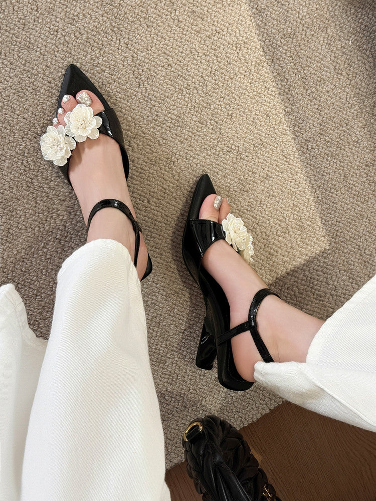Karin Luna In Stock Spot Goods  Classic Camellia Pointed Toe Elegant Irregular Heel Sandals