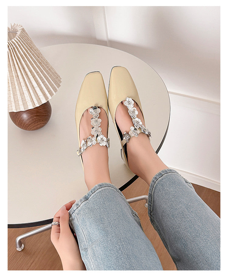 Karin Luna In Stock Spot Goods  T Handmade Sequin Flower Square Toe Height-Increasing Closed-Toe Slippers