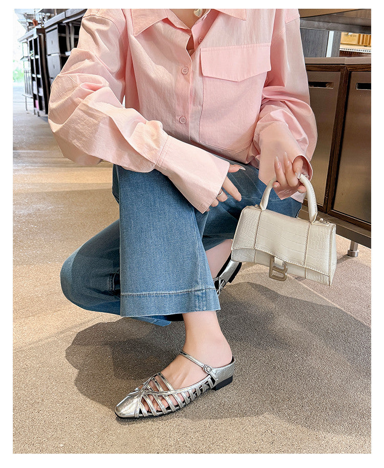 Karin Luna In Stock Spot Goods   French Retro Hollow Small Square Toe One-Strap Slippers