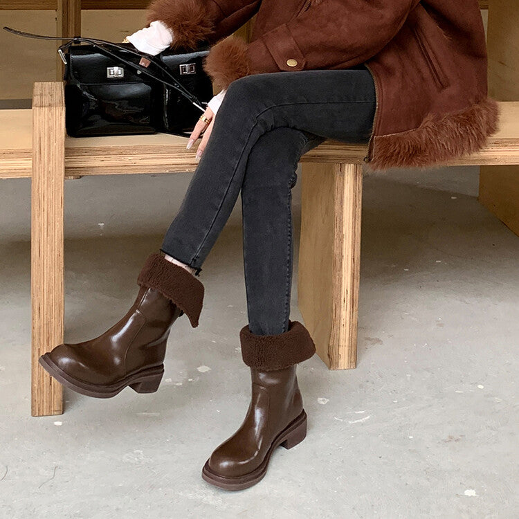 Karin Luna Classic Basic Style   Convertible Foldable Hidden Buckle Snow Fur Shoes Full cowhide Basic Flat Short Boots