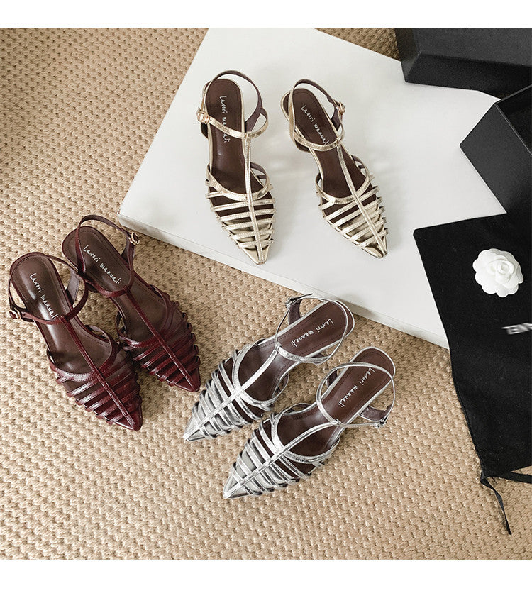 Karin Luna French Hollow Toe Metal Heel Elegant Sandals