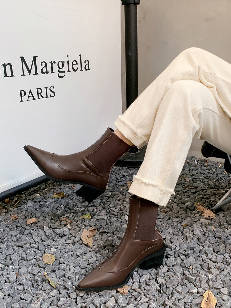 Karin Luna In Stock Spot Goods   Elegant Pointed Toe Chunky Heel Ankle Boots