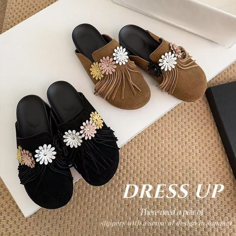 Karin Luna   Tassel Three-Dimensional Flower Thick-Soled Closed-Toe Slippers