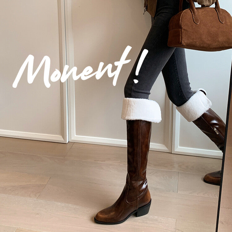 Karin Luna exploded  Three versions exploded Single Fleece Lining Fur Collar Version  Thick Fur Collar Foldable Hot-Selling Full Cowhide Pointed Toe Chunky Heel Classic Style
