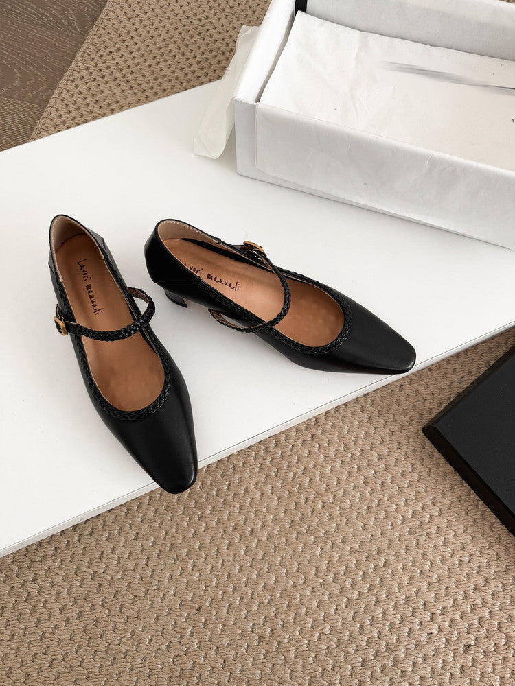 Karin Luna Braided Element Design Chunky Heel Square Toe Single Strap Shoes