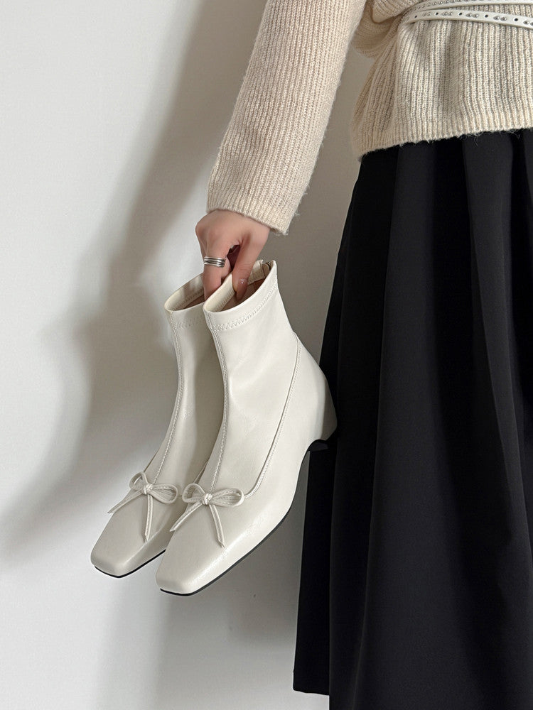 Karin Luna French Style Square Toe Bowknot Hidden Wedge Slim Boots