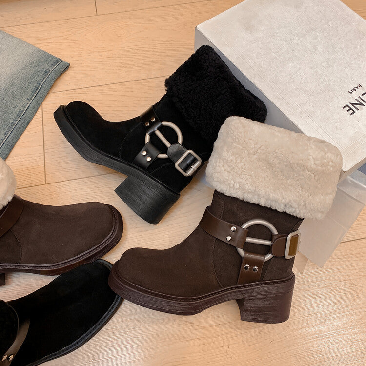 Karin Luna Genuine Lamb Wool and Cowhide Leather Hot-selling Metal Buckle Round Toe Chunky Heel Main Push Main Push