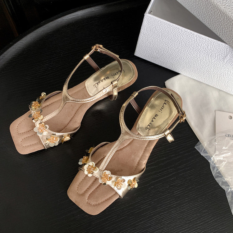 Karin Luna Hot-Selling Sequin Floral Series ~  Square Toe Irregular Heel Square Toe Sandals