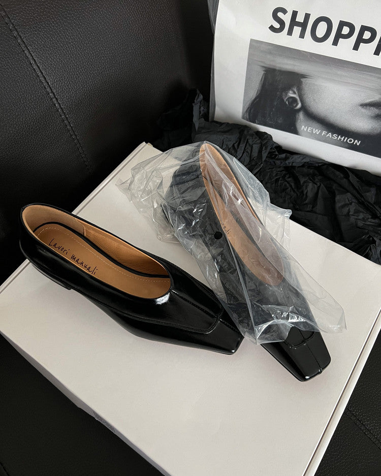 Karin Luna In Stock Spot Goods  Retro Full Leather Square Toe Shallow Mouth Single Shoes