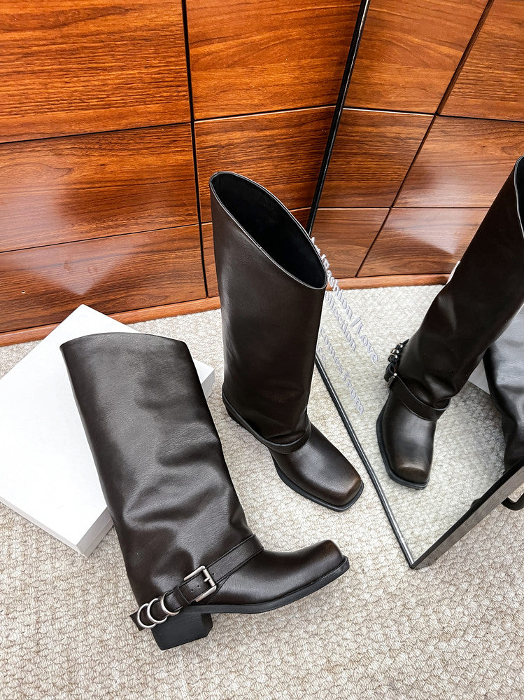 Karin Luna Elegant Style Square Toe Belt Buckle Pants Boot Short Boots