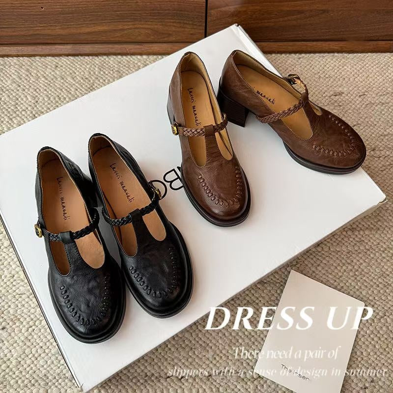 Karin Luna In Stock Spot Goods Vintage Braided Twist High Heels T Round Toe Thick Sole Single Shoes