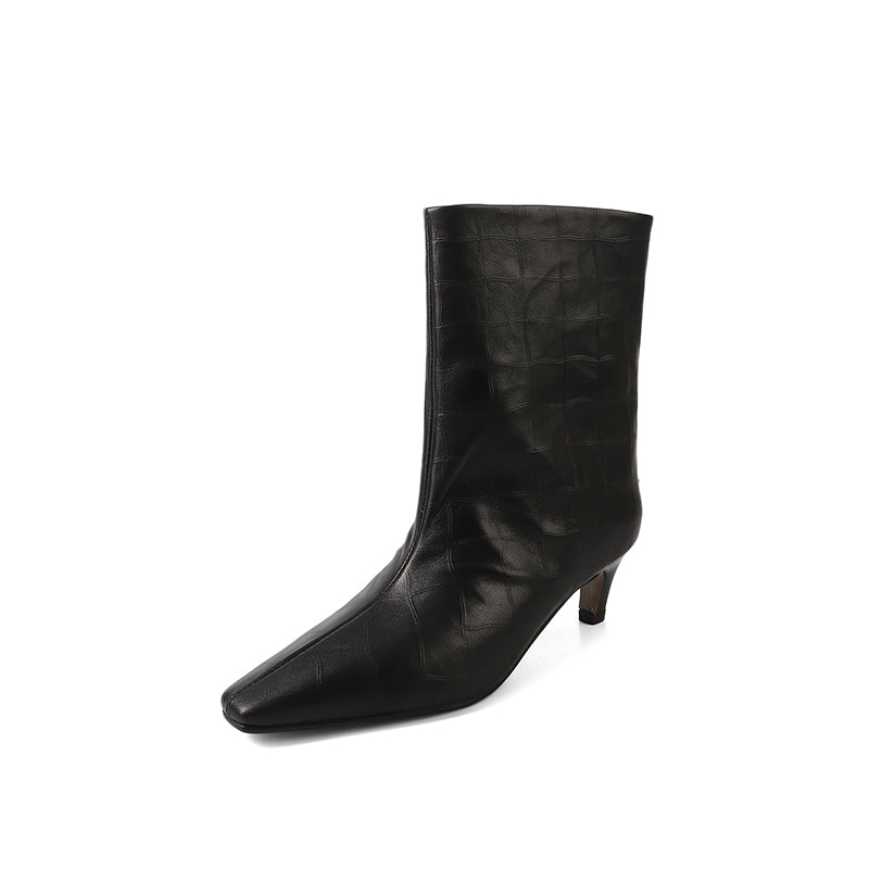 Karin Luna In Stock Spot Goods Top Layer Stone Pattern Cowhide Textured Small Square Toe Straight Short Boots