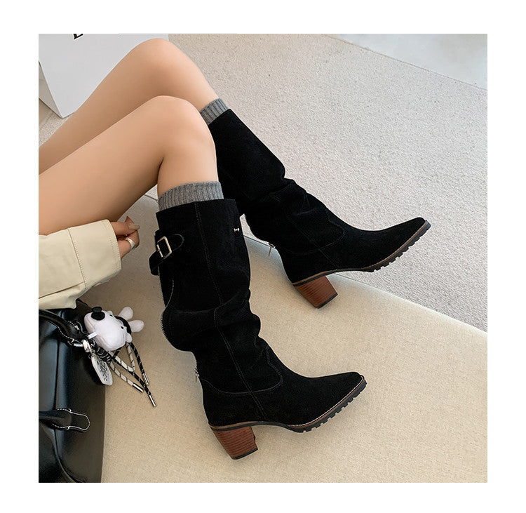 Karin Luna In Stock Spot Goods Retro Cowhide Leather Chunky Heel Suede Long Boots