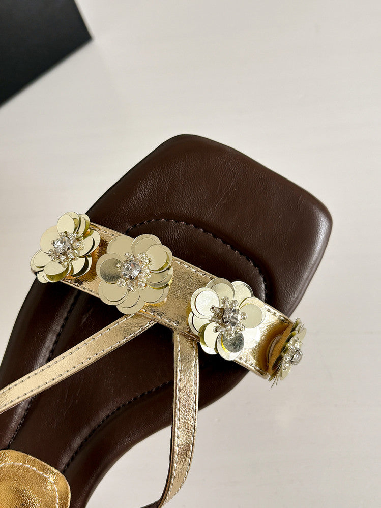 Karin Luna In Stock Spot Goods  One-Strap Sequin Floral Square-Toe Flat Slippers