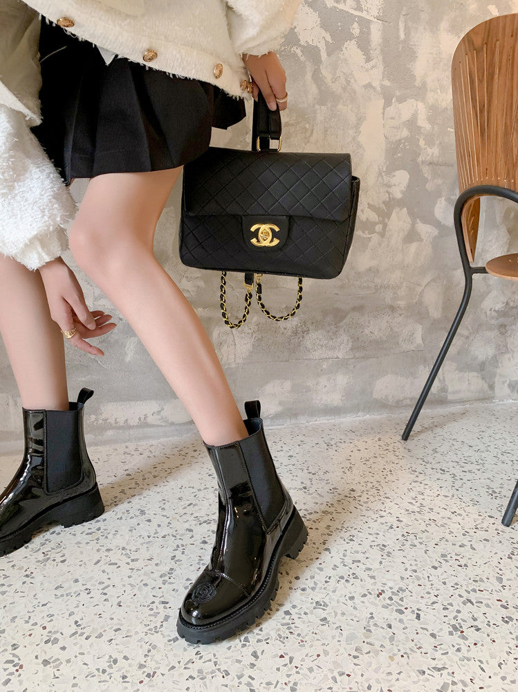 Karin Luna In Stock Spot Goods  Classic Embroidered Camellia Round Toe Thick Sole Chelsea Boots