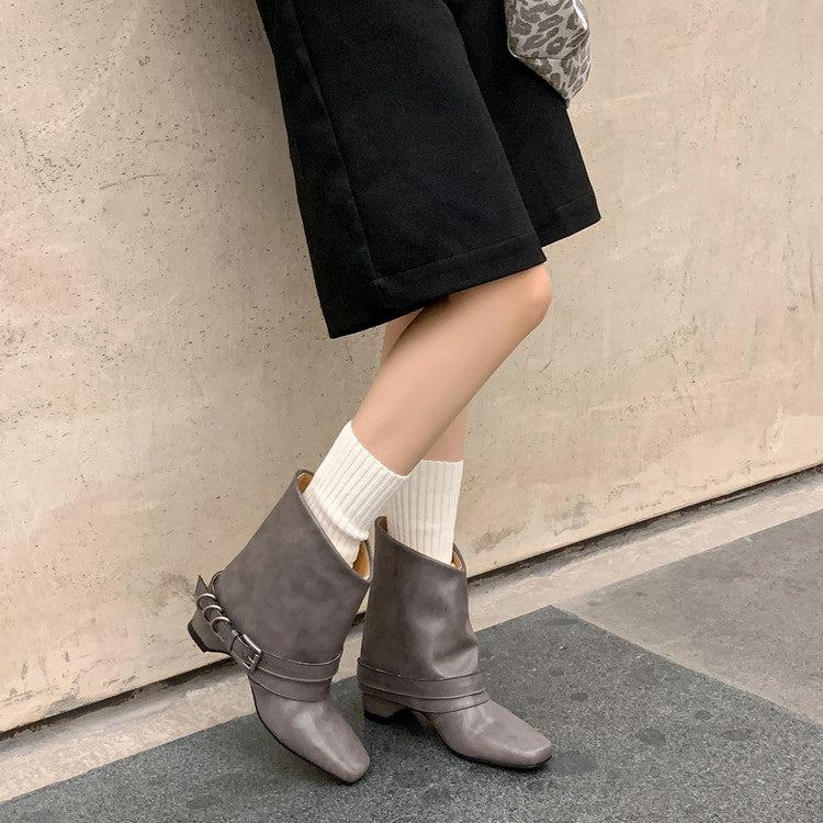 Karin Luna Data Hot Item Square Toe Hidden Wedge Belt Buckle Suede Ankle Boots