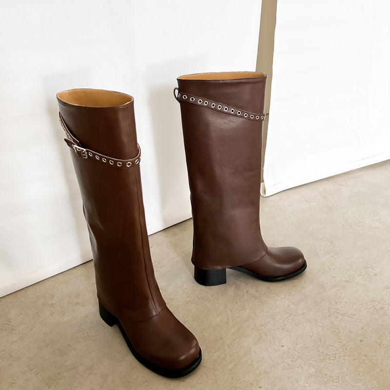 Karin Luna In Stock Spot Goods Belt Buckle Color-Washed Casual Thick-Soled Bootcut Pants Boots