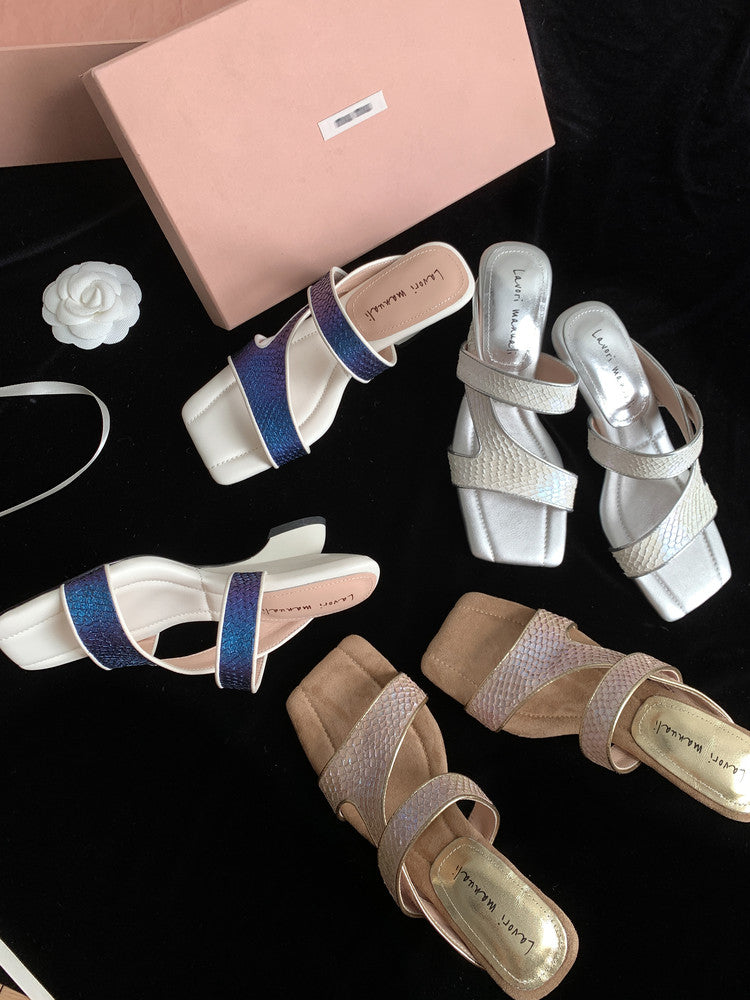 Karin Luna Fish Skin Series~Minimalist Square Toe Popular Irregular Heel Slippers