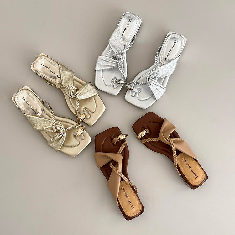 Karin Luna  Square Toe Braided Cross Thick Heel Flat Slippers
