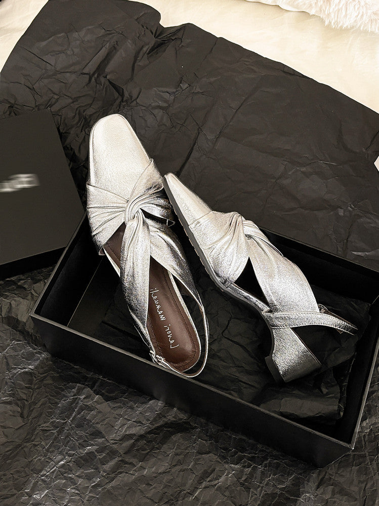 Karin Luna French Retro Wrinkled Small Square Toe Elegant Closed-Toe Sandals
