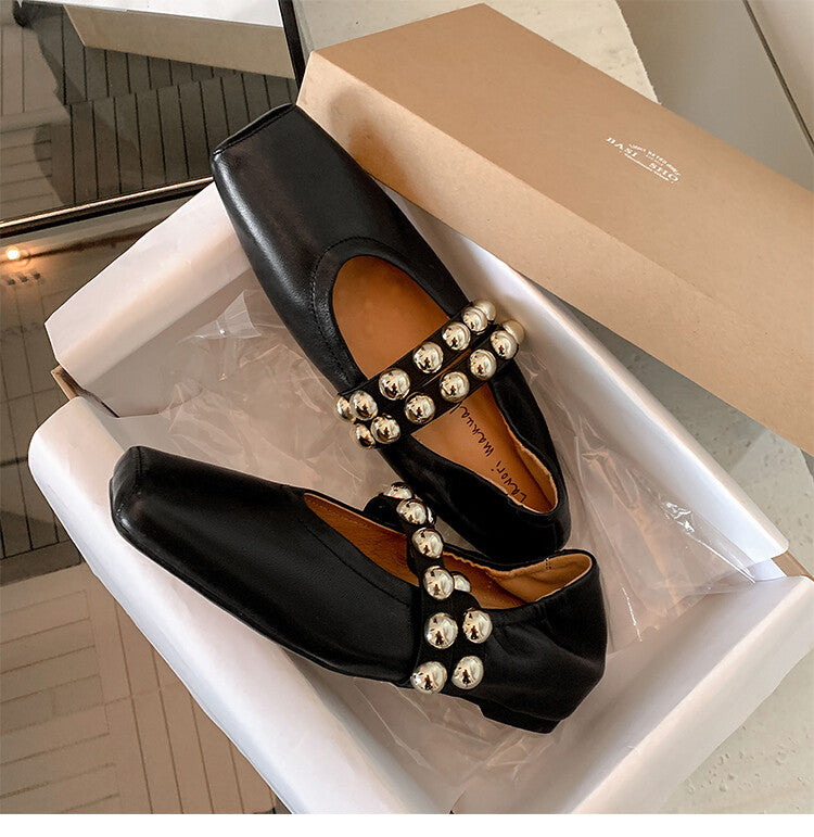 Karin Luna In Stock Spot Goods  Pig Nose Metal Strap Super Soft Granny Full Leather Mary Jane Shoes