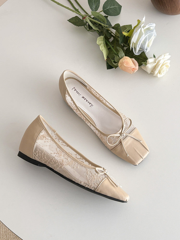 Karin Luna In Stock In Stock  Wrinkled Square Toe Patchwork Breathable Mesh Bow Granny Shoes