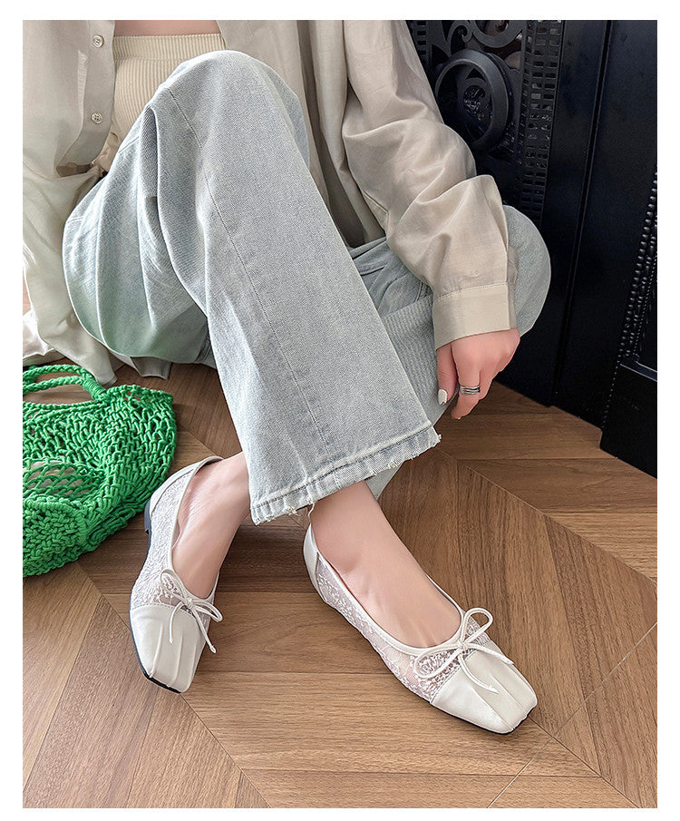 Karin Luna In Stock In Stock  Wrinkled Square Toe Patchwork Breathable Mesh Bow Granny Shoes