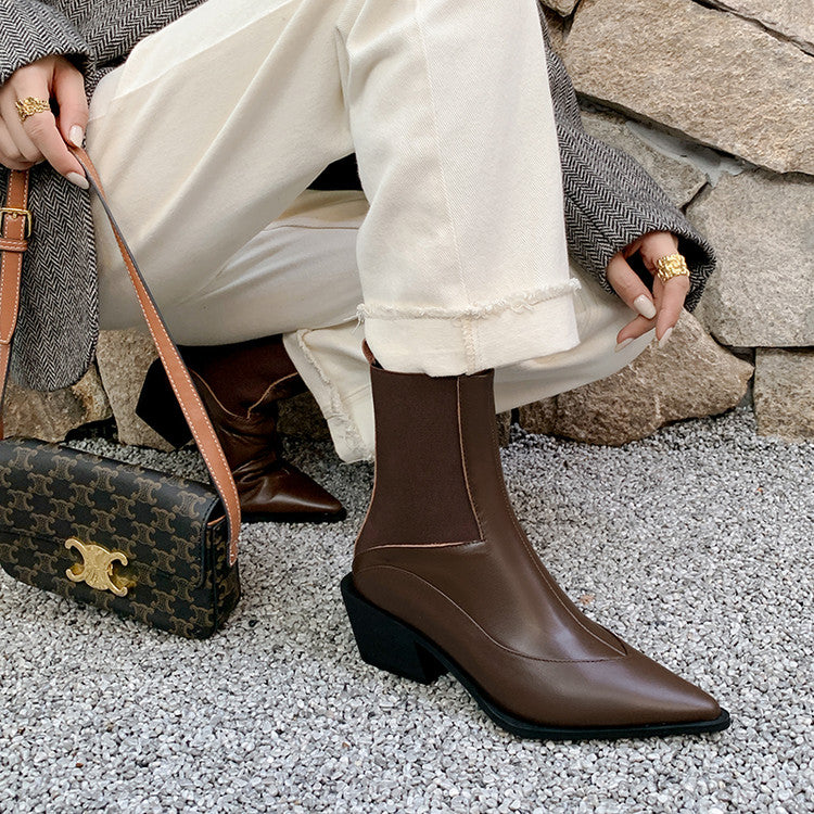 Karin Luna In Stock Spot Goods   Elegant Pointed Toe Chunky Heel Ankle Boots