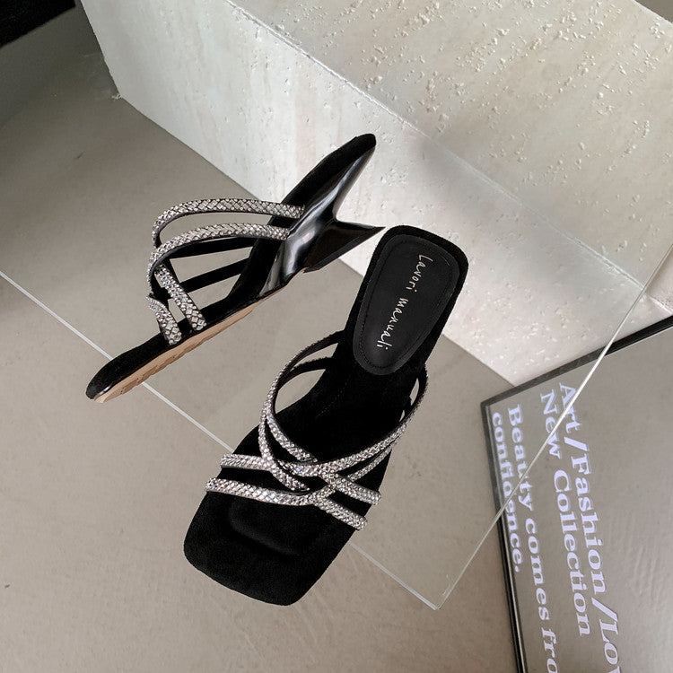 Karin Luna In Stock Spot Goods  Rhinestone Cross Strap Square Toe High Heel Slippers
