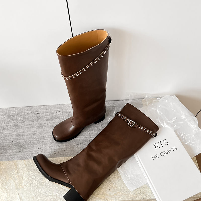 Karin Luna In Stock Spot Goods Belt Buckle Color-Washed Casual Thick-Soled Bootcut Pants Boots