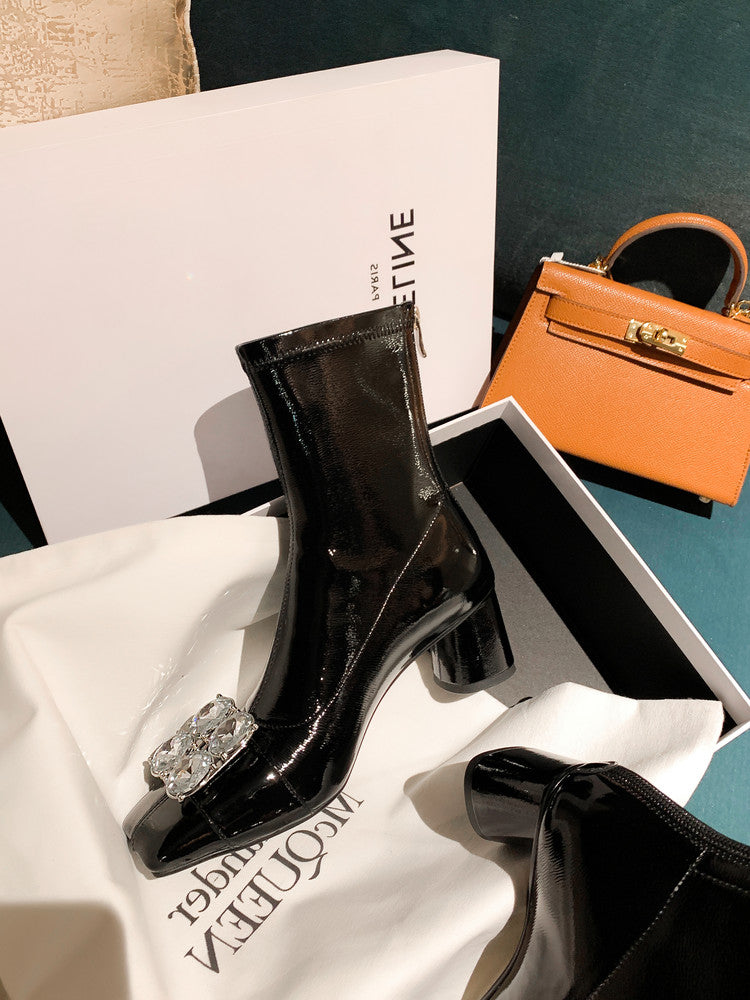Karin Luna In Stock  Elegant Style Square Toe Rhinestone Chunky Heel Ankle Boots