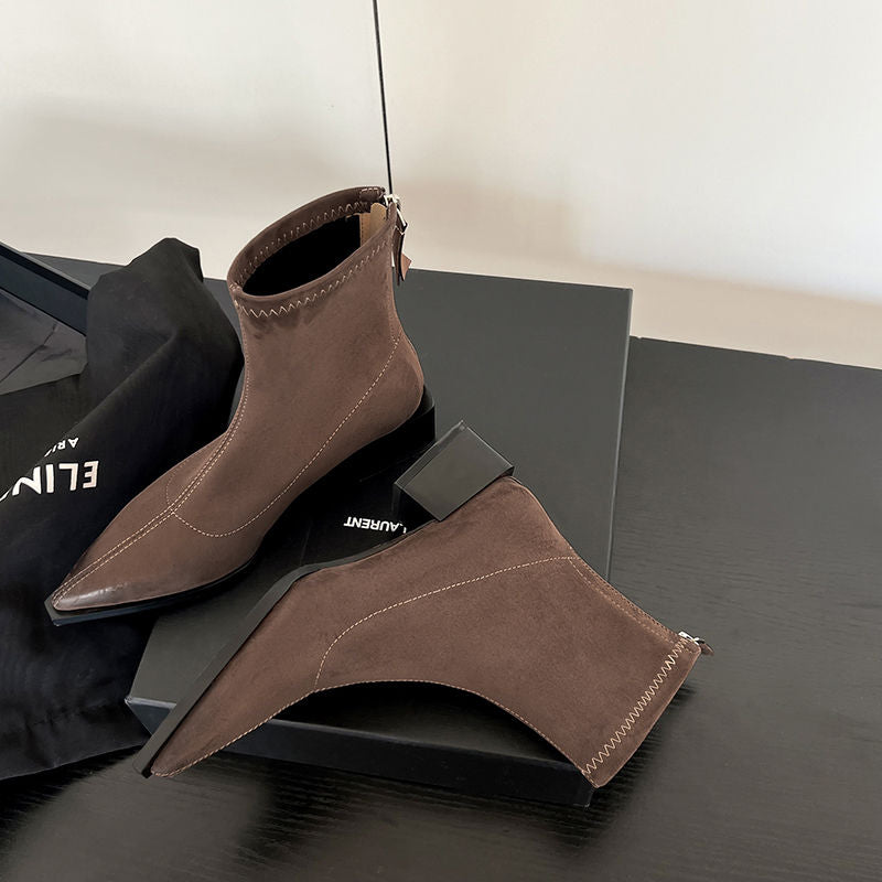 Karin Luna In Stock In Stock Elastic Slim Pointed Toe Chunky Heel Basic Ankle Boots