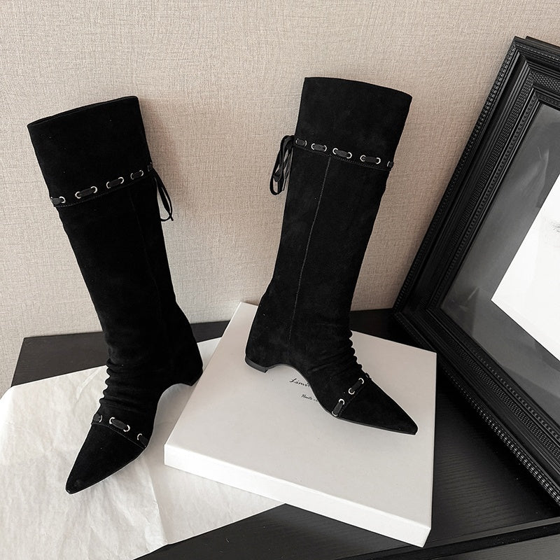 Karin Luna Elegant Style  Pointed Toe Pleated Hidden Wedge Western Boots