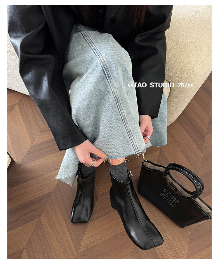Karin Luna French Style Square Toe Chunky Heel Ankle Boots
