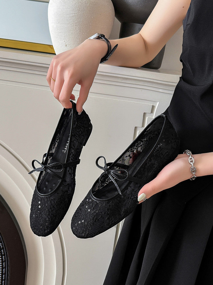 Karin Luna In Stock Spot Goods  Summer Breathable Retro Embroidered Bow Granny Shoes